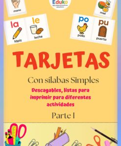 Portada de un recurso educativo titulado "Tarjetas con sílabas simples". Presenta tarjetas ilustradas de sílabas (ma, mi, la, le, po, pu) con imágenes y palabras en español, además de material escolar de colores en la parte inferior.