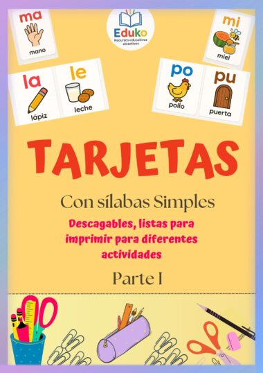 Portada de un recurso educativo titulado "Tarjetas con sílabas simples". Presenta tarjetas ilustradas de sílabas (ma, mi, la, le, po, pu) con imágenes y palabras en español, además de material escolar de colores en la parte inferior.