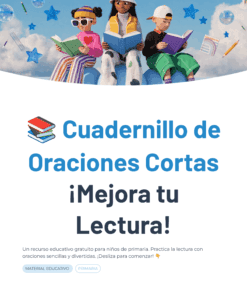 Tres niños con sombrero y gafas de sol se sientan en cojines azules a leer libros. A su alrededor flotan estrellas y nubes azules. El texto de abajo promociona un folleto educativo gratuito para que los alumnos de primaria mejoren su capacidad de lectura.