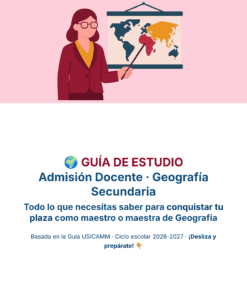 Guía de Estudio Admisión GEOGRAFÍA Educación Secundaria- USICAMM 2026 - 2027 + (Simulador 90 Reactivos) 24 Ilustración de una profesora señalando un mapamundi, con texto sobre una guía de estudio para el acceso a profesor de geografía de secundaria, ciclo académico 2026-2027.