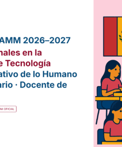 Guía USICAMM 2026-2027 sobre horas adicionales en la enseñanza de tecnología. Ilustración de cuatro personas usando ordenadores portátiles, bandera de México y documentos en un fondo rosa y azul.