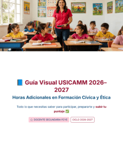 Un profesor sonríe delante de una clase con seis alumnos sentados. Abajo aparece un texto sobre la guía USICAMM 2026-2027 de horas extra de educación cívica y ética, con botones y rúbricas de colores.
