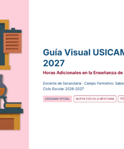 Ilustración de una profesora delante de una pizarra con una probeta y el símbolo de un átomo. Junto a ella, un texto en español dice 
