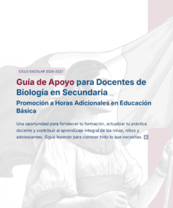 Portada de una guía de apoyo para profesores de biología de secundaria, con texto en negrita en español con detalles educativos sobre una ilustración difuminada de una persona sosteniendo una bandera.