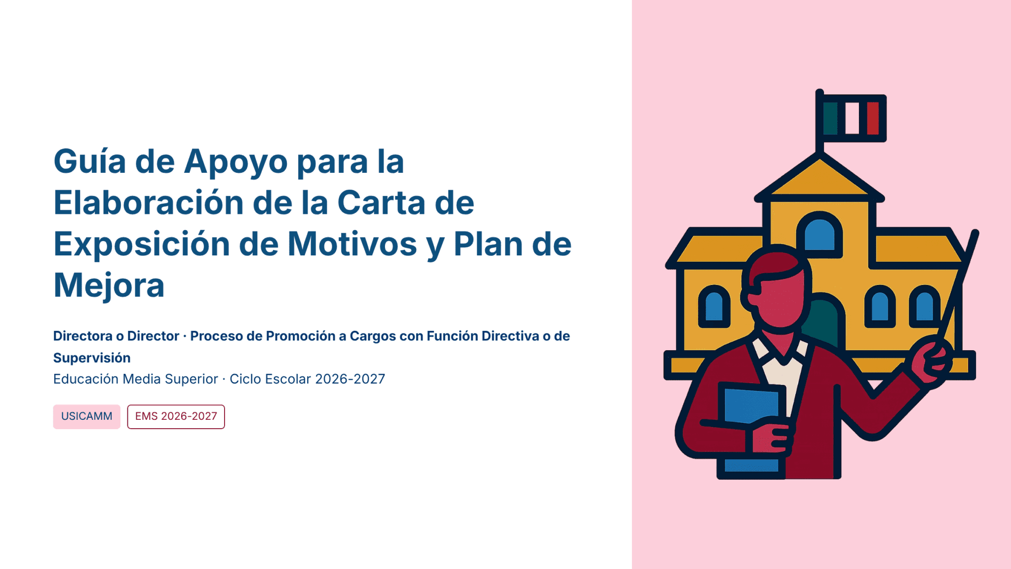 Paquete Promoción a DIRECTOR ESCOLAR – Educación Media Superior (Carta de Exposición de Motivos + Plan de Mejora Continua + Guía EMS) EMS BACHILLERATO 2026–2027 11 Gráfico que muestra una guía titulada "Guía de Apoyo para la Elaboración de la Carta de Exposición de Motivos y Plan de Mejora" con una figura ilustrada sosteniendo papeles y señalando un edificio escolar con una bandera.