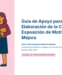 Ilustración de una mujer que sostiene un libro y señala una pizarra, junto a un texto en español sobre una guía para redactar una exposición de motivos y un plan de mejora para jefes de departamento académico.