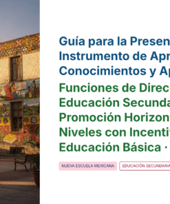 Guía de Estudio PROMOCIÓN HORIZONTAL Educación SECUNDARIA – USICAMM 2026 – 2027 + (Simulador 90 Reactivos) 23 Un colorido mural cubre la fachada de un edificio de dos plantas con ventanas arqueadas, acompañado de mesas y sillas vacías en el exterior. A su lado, un texto en español sobre una guía para el liderazgo y la promoción de la educación secundaria.