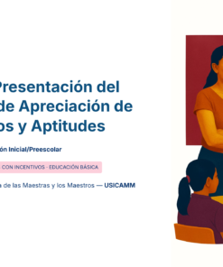 Una maestra frente a tres alumnos sentados con la bandera mexicana de fondo. El texto introduce una guía para presentar un instrumento de evaluación de conocimientos y habilidades en educación.