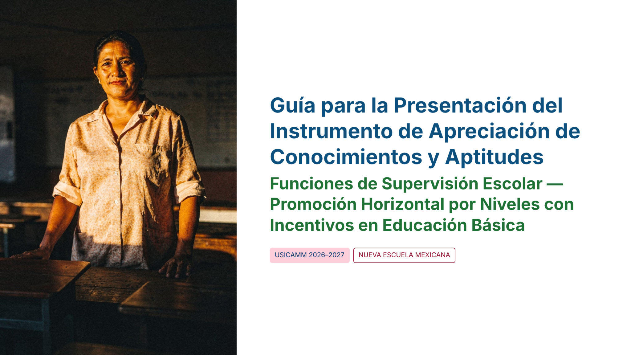 Guía de Estudio PROMOCIÓN HORIZONTAL SUPERVISIÓN – USICAMM 2026 – 2027 + (Simulador 90 Reactivos) 9 Una mujer en un aula a la que entra la luz del sol. A su lado, un texto en español detalla una guía sobre la evaluación de conocimientos y habilidades para la promoción horizontal y los incentivos en la educación básica para supervisores escolares en México.