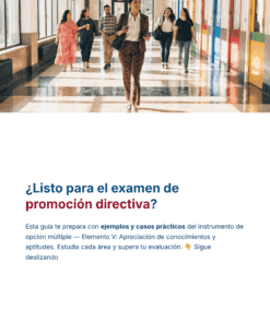 Un grupo de profesionales camina con confianza por un pasillo bien iluminado. Debajo, un texto en español invita a los lectores a preparar un examen de promoción mediante una guía con ejemplos y casos prácticos, animando a seguir leyendo.