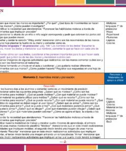 Hoja de ejercicios educativos en español con recuadros de texto sobre los movimientos de las manos, las habilidades motrices y las actividades en el aula. Las secciones incluyen objetivos, preguntas, materiales, evaluación y un borde a rayas de colores.