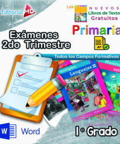 Portada colorida para cuadernillo de exámenes de primer grado de primaria, con libros de texto, un portapapeles con lista de verificación, lápiz, icono de Word y texto: “Exámenes 2do Trimestre”, “Primaria” y “I° Grado”.