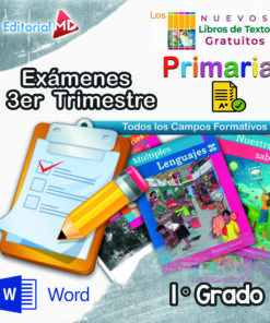 Portada para exámenes de primer grado de primaria, con libros de texto, un portapapeles con lista de comprobación, un lápiz y varios logotipos y textos entre los que se incluyen "Exámenes 3er Trimestre", "Primaria" y el icono de Word.