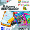 Portada colorida con libros de texto, un portapapeles con lista de verificación y lápiz, y logotipos. El texto dice: «Exámenes Ciclo Completo Primaria 1.° Grado», «Editorial MD» y «Word». Los libros mostrados abarcan idiomas y áreas de conocimiento.