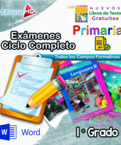 Portada colorida con libros de texto, un portapapeles con lista de verificación y lápiz, y logotipos. El texto dice: «Exámenes Ciclo Completo Primaria 1.° Grado», «Editorial MD» y «Word». Los libros mostrados abarcan idiomas y áreas de conocimiento.