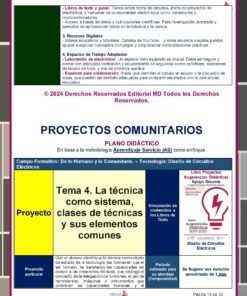 Folleto educativo en español sobre proyectos comunitarios, que incorpora secciones sobre recursos tecnológicos como el 