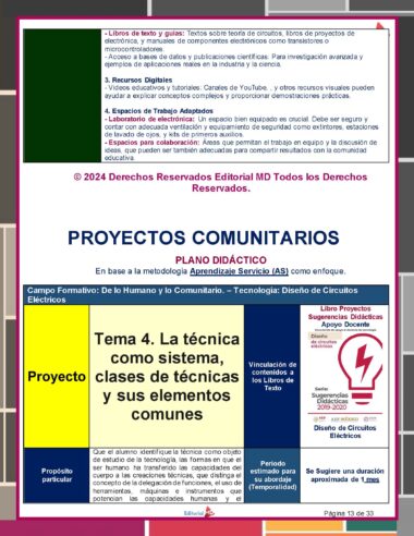 Folleto educativo en español sobre proyectos comunitarios, que incorpora secciones sobre recursos tecnológicos como el "Programa Analítico Tecnología Circuitos Eléctricos 1° (NEM 2024 – 2025) 1er Trimestre" y estrategias de aprendizaje efectivas. Destaca el proyecto "Torres Educativas" para NEM 2024 – 2025. Incluye una tabla y viñetas que describen varios recursos educativos.