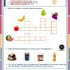 Exámenes de Primaria 1° Grado (NEM 2026 – 2027) 2do Trimestre 15 Ficha educativa para alumnos de primer grado de Primer Grado: incluye un crucigrama con frutas, una actividad para colorear que identifica los alimentos azucarados y una pregunta sobre los impactos del consumo excesivo de azúcar. Perfecta para el Examen Segundo Trimestre Primer Grado 2024 NEM, la página está adornada con imágenes coloridas, que incluyen un árbol, un sombrero, una botella y frutas.