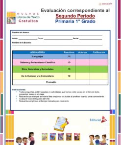 Formulario de evaluación académica para estudiantes de 1.er grado de primaria. Incluye asignaturas, columnas para las puntuaciones y calificaciones. El formulario presenta bordes coloridos, íconos y espacios para el nombre, el grado y la escuela. Las instrucciones se encuentran al final.