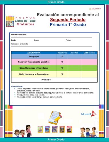 Formulario de evaluación académica para estudiantes de 1.er grado de primaria. Incluye asignaturas, columnas para las puntuaciones y calificaciones. El formulario presenta bordes coloridos, íconos y espacios para el nombre, el grado y la escuela. Las instrucciones se encuentran al final.