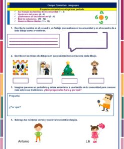 Una colorida hoja de trabajo en español para estudiantes de primer grado sobre las celebraciones comunitarias, con preguntas, globos de diálogo, imágenes de niños y actividades para identificar y encerrar en un círculo los nombres Antonio y Lili.