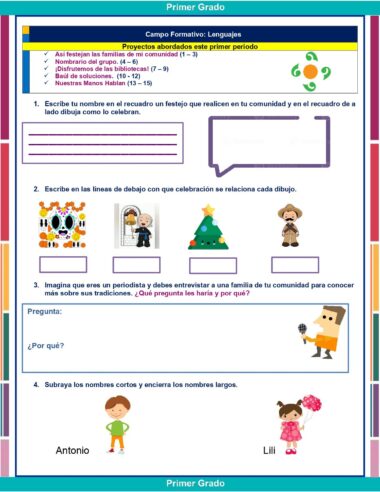 Una colorida hoja de trabajo en español para estudiantes de primer grado sobre las celebraciones comunitarias, con preguntas, globos de diálogo, imágenes de niños y actividades para identificar y encerrar en un círculo los nombres Antonio y Lili.