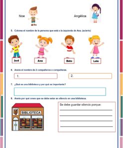 La hoja de trabajo Ciclo Escolar Completo Exámenes Primaria 1° Grado (NEM 2025–2026) presenta preguntas sobre nombrar, escribir los nombres de los compañeros de clase y el silencio en la biblioteca, con ilustraciones de niños y libros para estudiantes de habla hispana.