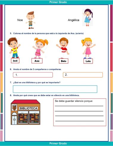 La hoja de trabajo Ciclo Escolar Completo Exámenes Primaria 1° Grado (NEM 2025–2026) presenta preguntas sobre nombrar, escribir los nombres de los compañeros de clase y el silencio en la biblioteca, con ilustraciones de niños y libros para estudiantes de habla hispana.