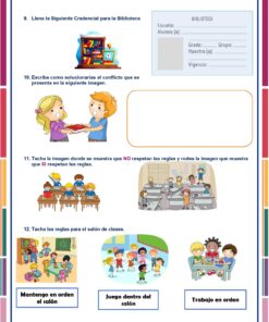 Exámenes Primaria 1° Grado (NEM 2025–2026) Ciclo Escolar Completo: Hoja de trabajo con tareas sobre las reglas del aula e imágenes de libros, niños y escenas que muestran un aula desordenada, alumnos jugando y alumnos trabajando tranquilamente.