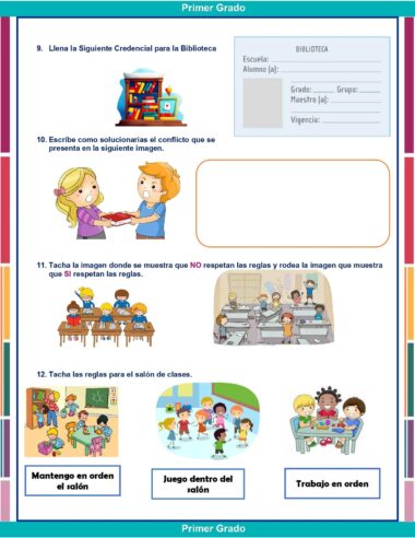 Exámenes Primaria 1° Grado (NEM 2025–2026) Ciclo Escolar Completo: Hoja de trabajo con tareas sobre las reglas del aula e imágenes de libros, niños y escenas que muestran un aula desordenada, alumnos jugando y alumnos trabajando tranquilamente.