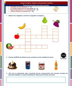 Una divertida ficha de Exámenes Primaria de 1.º Grado (NEM 2025-2026) incluye un crucigrama de alimentos con imágenes de plátano, uvas, sandía, queso y helado, además de preguntas sobre el contenido de azúcar y hábitos saludables. Ideal para todo el curso escolar.