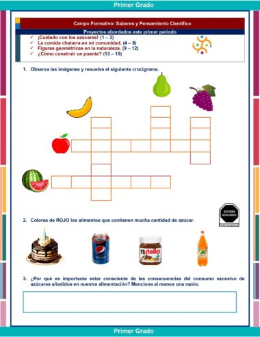 Una divertida ficha de Exámenes Primaria de 1.º Grado (NEM 2025-2026) incluye un crucigrama de alimentos con imágenes de plátano, uvas, sandía, queso y helado, además de preguntas sobre el contenido de azúcar y hábitos saludables. Ideal para todo el curso escolar.