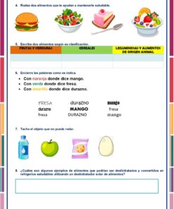 Exámenes Primaria 1° Grado (NEM 2025–2026) Ciclo Escolar Completo: Incluye hojas de trabajo con alimentos saludables ilustrados, clasificación de palabras, objetos como pelota, manzana, limón, instrucciones codificadas por colores y espacios de respuestas para un aprendizaje efectivo.