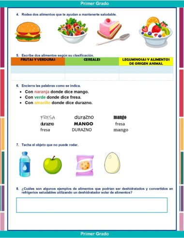 Exámenes Primaria 1° Grado (NEM 2025–2026) Ciclo Escolar Completo: Incluye hojas de trabajo con alimentos saludables ilustrados, clasificación de palabras, objetos como pelota, manzana, limón, instrucciones codificadas por colores y espacios de respuestas para un aprendizaje efectivo.