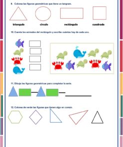 Exámenes Primaria 1.° Grado (NEM 2025-2026) Ciclo Escolar Completo: Hojas de trabajo coloridas con figuras geométricas, tangram, conteo de animales marinos, patrones y asociación de figuras. Perfectas para practicar a diario o repasar para el examen de 1.° Grado.