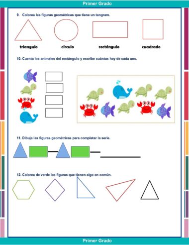 Exámenes Primaria 1.° Grado (NEM 2025-2026) Ciclo Escolar Completo: Hojas de trabajo coloridas con figuras geométricas, tangram, conteo de animales marinos, patrones y asociación de figuras. Perfectas para practicar a diario o repasar para el examen de 1.° Grado.