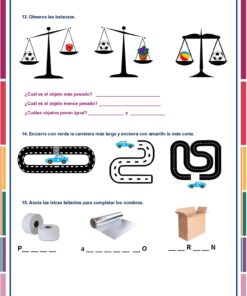 Una hoja de trabajo para estudiantes de primer grado con tres actividades: comparar pesos en balanzas, identificar el camino más corto en pistas de carretera y completar las letras que faltan en las imágenes de papel higiénico, papel de aluminio y una caja de cartón.