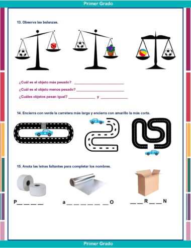 Una hoja de trabajo para estudiantes de primer grado con tres actividades: comparar pesos en balanzas, identificar el camino más corto en pistas de carretera y completar las letras que faltan en las imágenes de papel higiénico, papel de aluminio y una caja de cartón.