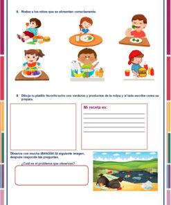 Los niños comen sano con frutas y verduras. Abajo, hay espacio para una receta y una pregunta sobre una imagen que muestra basura esparcida en el césped cerca de un río, dañando el medio ambiente.