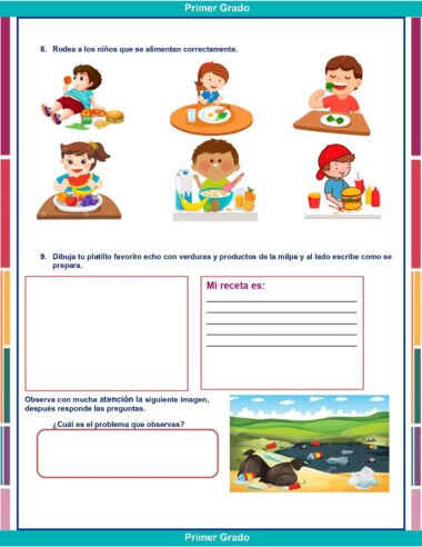 Los niños comen sano con frutas y verduras. Abajo, hay espacio para una receta y una pregunta sobre una imagen que muestra basura esparcida en el césped cerca de un río, dañando el medio ambiente.