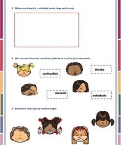 Hoja de trabajo en español para estudiantes de primer grado sobre cómo identificar emociones, con caras de dibujos animados que muestran diferentes expresiones y actividades como dibujar, unir palabras con caras y encerrar en un círculo la cara feliz.