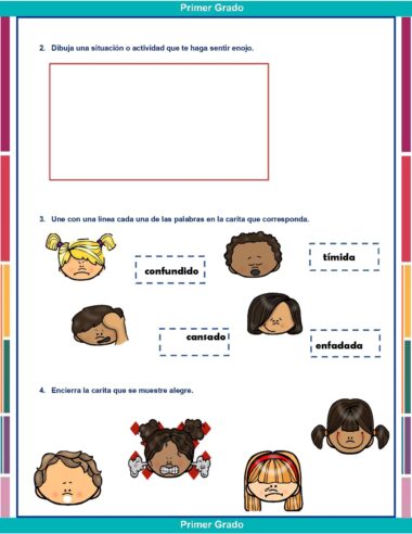 Hoja de trabajo en español para estudiantes de primer grado sobre cómo identificar emociones, con caras de dibujos animados que muestran diferentes expresiones y actividades como dibujar, unir palabras con caras y encerrar en un círculo la cara feliz.