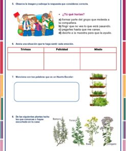 Una hoja de actividades en español para primer grado con ilustraciones de niños en una situación escolar, espacios para escribir emociones y palabras, y dibujos de plantas como romero, toronjil y orégano.
