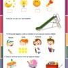 Planeaciones 1° Primer Grado de Primaria NEM (Ciclo Escolar Completo 2026 - 2027) + Exámenes + Cuadernillos de Trabajo 12 Una colorida hoja de trabajo para niños de primer grado con diversas actividades. Las preguntas 11 a 14 piden identificar fuentes de luz natural y artificial, escribir sobre la función de un tobogán, contar los objetos que tiene cada personaje y anotar la forma de los objetos. Ilustrado con pequeñas imágenes y dibujos.