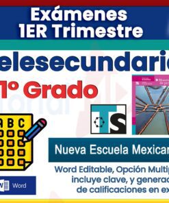 Imagen promocional de los Exámenes 1° de Telesecundaria NEM (2025-2026) 1er Trimestre, que muestra un ícono de prueba, portada de libro de texto, "Nueva Escuela Mexicana NEM 2025", formato Word editable, opción múltiple, clave de respuestas y generador de calificaciones en Excel.