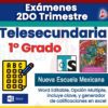 Imagen promocional de Exámenes 1° de Telesecundaria NEM (2025-2026), 2do Trimestre: incluye opción múltiple, editable en Word, clave, generador de calificaciones y portada colorida estilo libro.