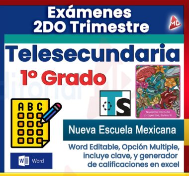 Imagen promocional de Exámenes 1° de Telesecundaria NEM (2025-2026), 2do Trimestre: incluye opción múltiple, editable en Word, clave, generador de calificaciones y portada colorida estilo libro.