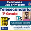 Gráfico promocional para "Exámenes 1° de Telesecundaria NEM (2025 - 2026) 3er Trimestre" con íconos, foto del docente y texto resaltado de exámenes editables en Word, opción múltiple NEM, clave de respuestas y generador de calificaciones en Excel.