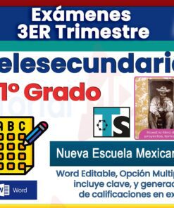 Gráfico promocional para "Exámenes 1° de Telesecundaria NEM (2025 - 2026) 3er Trimestre" con íconos, foto del docente y texto resaltado de exámenes editables en Word, opción múltiple NEM, clave de respuestas y generador de calificaciones en Excel.