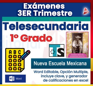 Gráfico promocional para "Exámenes 1° de Telesecundaria NEM (2025 - 2026) 3er Trimestre" con íconos, foto del docente y texto resaltado de exámenes editables en Word, opción múltiple NEM, clave de respuestas y generador de calificaciones en Excel.
